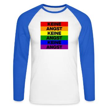 KEINE ANGST, NO NZS, NIE WIEDER, ANTIFASCHISMUS - Unisex Baseballshirt langarm - Weiß/Royalblau - Vorne - Nik (191cm)