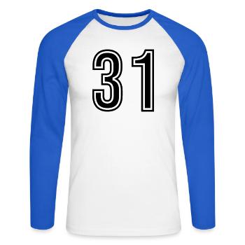 Symbole du chiffre 31 - T-shirt baseball manches longues Homme - blanc/bleu royal - Devant - Nik (191cm)