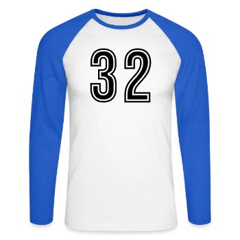 32 Zahl symbol - Unisex Baseballshirt langarm - Weiß/Royalblau - Vorne - Nik (191cm)