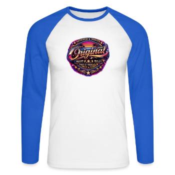 Retro 1980s Neon Synthwave Original 1986 Badge - Unisex Long Sleeve Baseball T-Shirt - white/royal blue - Front - Nik (191cm)