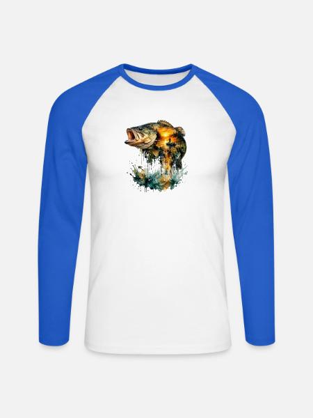 Riesiges Aquarell Sonnenuntergangsangeln - Unisex Baseballshirt langarm - Weiß/Royalblau