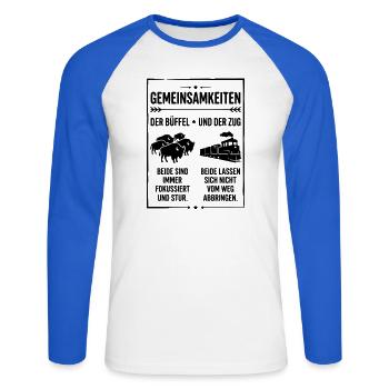 Büffel und Zug - Unisex Baseballshirt langarm - Weiß/Royalblau - Vorne - Nik (191cm)