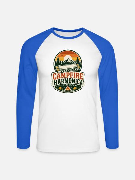 Instrument: Harmonica, Campfire-Music, Harmonica - Unisex Long Sleeve Baseball T-Shirt - white/royal blue