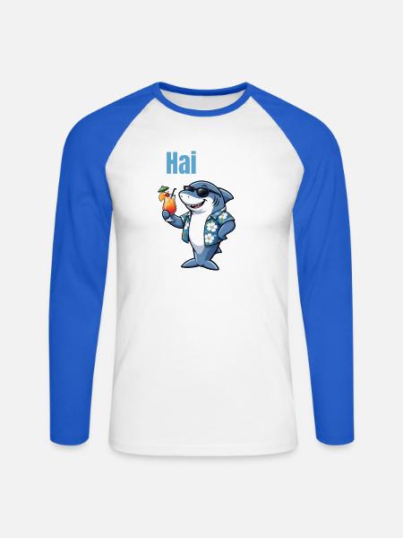 Hai-Life | Cooler Cartoon-Hai mit Sommerfeeling - Unisex Baseballshirt langarm - Weiß/Royalblau