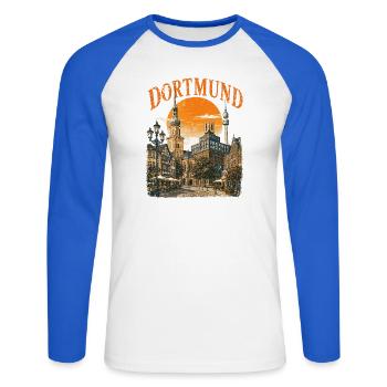  Vintage Dortmund Skyline historische - Unisex Baseballshirt langarm - Weiß/Royalblau - Vorne - Nik (191cm)