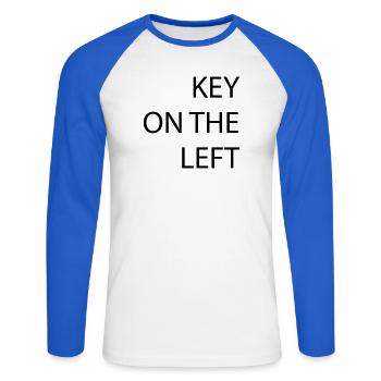 Taste links - Unisex Baseballshirt langarm - Weiß/Royalblau - Vorne - Nik (191cm)