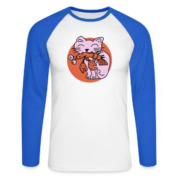 Katze frisst Krebs auf - Unisex Baseballshirt langarm - Weiß/Royalblau - Vorne - Nik (191cm)