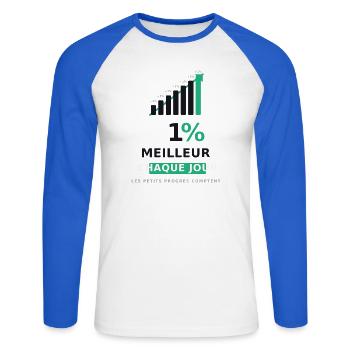 1% Meilleur Chaque Jour - T-shirt baseball manches longues Homme - blanc/bleu royal - Devant - Nik (191cm)