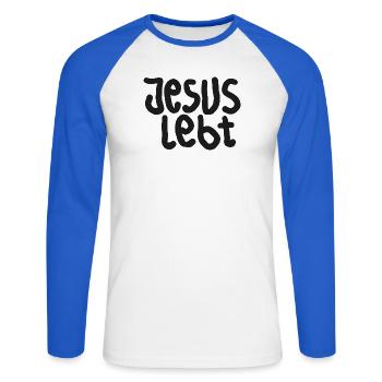 Jesus Left Typografie - Unisex Baseballshirt langarm - Weiß/Royalblau - Vorne - Nik (191cm)