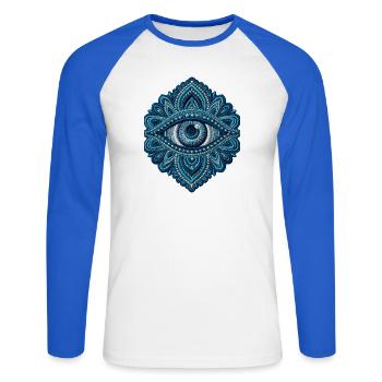 Auge im Stickerei-Look Mandala Geschenk - Unisex Baseballshirt langarm - Weiß/Royalblau - Vorne - Nik (191cm)