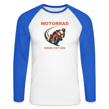 Motorrad Kurven Statt Sofa Biker Geschenk - Unisex Baseballshirt langarm - Weiß/Royalblau - Vorne - Nik (191cm)