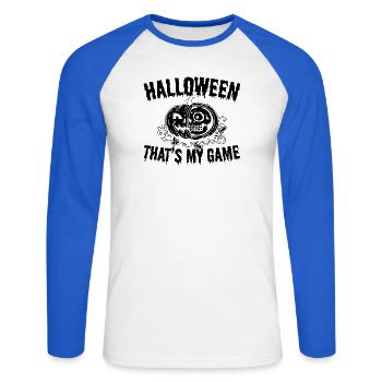 Halloween C’est mon jeu - Halloween Pumpkin - T-shirt baseball manches longues Homme - blanc/bleu royal - Devant - Nik (191cm)