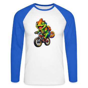 Chamäleon auf dem Fahrrad - Unisex Baseballshirt langarm - Weiß/Royalblau - Vorne - Nik (191cm)