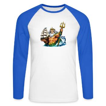 Neptun mit Seegelschiff - Unisex Baseballshirt langarm - Weiß/Royalblau - Vorne - Nik (191cm)