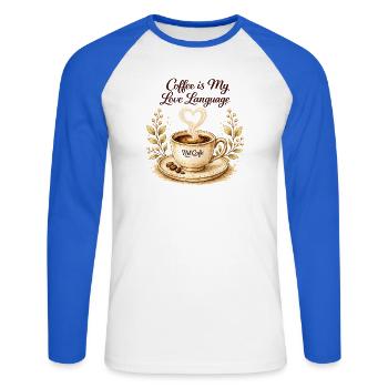 coffe_ist_my_live_language - Unisex Baseballshirt langarm - Weiß/Royalblau - Vorne - Nik (191cm)