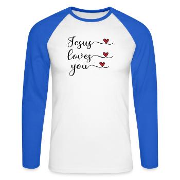 Jesus liebt dich süß Typografie mit Herz - Unisex Baseballshirt langarm - Weiß/Royalblau - Vorne - Nik (191cm)