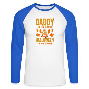 Daddy is my Name Halloween is my Game - Halloween  - Unisex Baseballshirt langarm - Weiß/Royalblau - Vorne - Nik (191cm)