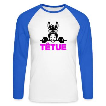 Hartnäckig - Unisex Baseballshirt langarm - Weiß/Royalblau - Vorne - Nik (191cm)