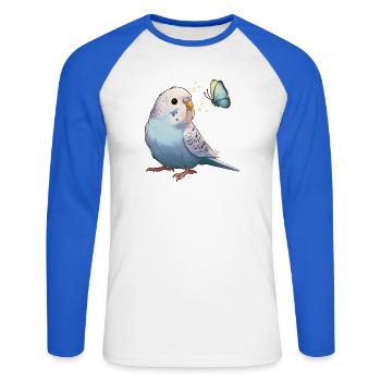 Wellensittich mit Schmetterling - Unisex Baseballshirt langarm - Weiß/Royalblau - Vorne - Nik (191cm)