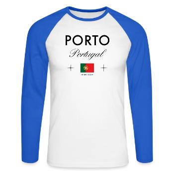 Porto Portugal Koordinaten Reise Souvenir - Unisex Baseballshirt langarm - Weiß/Royalblau - Vorne - Nik (191cm)