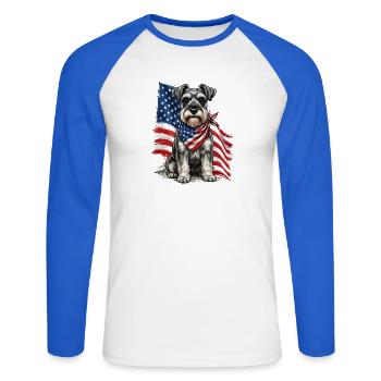 Patriotischer Schnauzer Stars, Stripes Hundestolz, - Unisex Baseballshirt langarm - Weiß/Royalblau - Vorne - Nik (191cm)