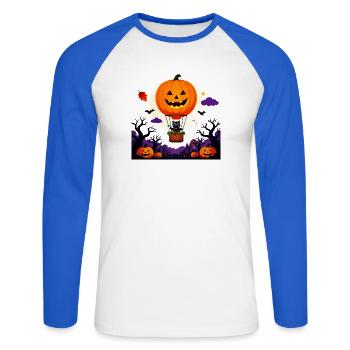 Kürbisballon-Katzen-Halloween-Szene - Unisex Baseballshirt langarm - Weiß/Royalblau - Vorne - Nik (191cm)