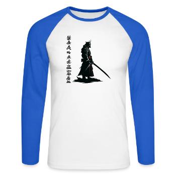 Samurai-Schatten: Katana Noir - Unisex Baseballshirt langarm - Weiß/Royalblau - Vorne - Nik (191cm)