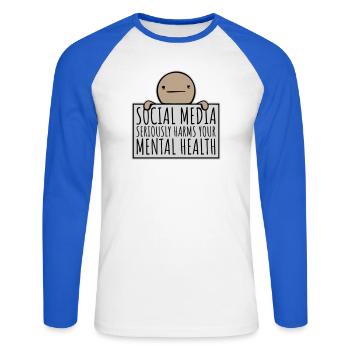 Les réseaux sociaux nuisent sérieusement à la santé mentale selon les affirmations - T-shirt baseball manches longues Homme - blanc/bleu royal - Devant - Nik (191cm)