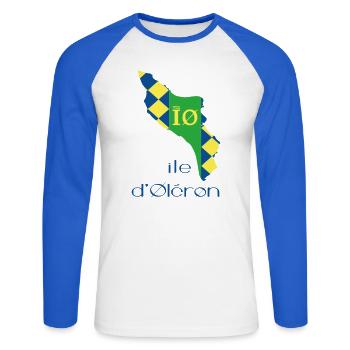 Île d'Oléron Carte Stylisée - T-shirt baseball manches longues Homme - blanc/bleu royal - Devant - Nik (191cm)
