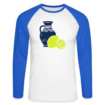 Zitrusvase Kontrast-Print - Unisex Baseballshirt langarm - Weiß/Royalblau - Vorne - Nik (191cm)
