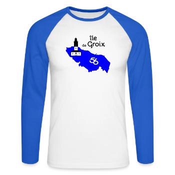 Île de Groix - T-shirt baseball manches longues Homme - blanc/bleu royal - Devant - Nik (191cm)