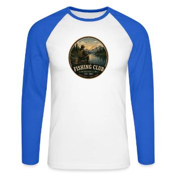 Angelclub Vintage Abenteuergrafik - Unisex Baseballshirt langarm - Weiß/Royalblau - Vorne - Nik (191cm)