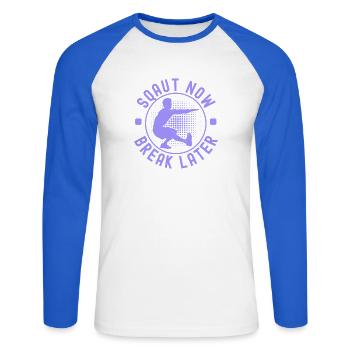 Fitness Fanatics Squat Now Break Later - Unisex Baseballshirt langarm - Weiß/Royalblau - Vorne - Nik (191cm)