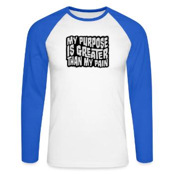 My Purpose Is Greater Than My Pain Sinn Zitat Logo - Unisex Baseballshirt langarm - Weiß/Royalblau - Vorne - Nik (191cm)