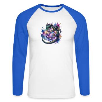 Süßer Drache mit D20 Würfel – Pen & Paper - Unisex Baseballshirt langarm - Weiß/Royalblau - Vorne - Nik (191cm)