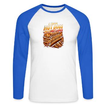 Ich verwandle Hotdogs in heiße Holzscheite (Lustig - Unisex Baseballshirt langarm - Weiß/Royalblau - Vorne - Nik (191cm)
