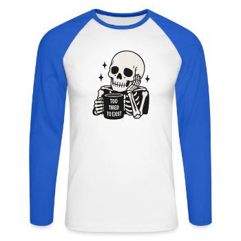 Zu müde, um zu existieren, Skelett-Kaffeetasse - Unisex Baseballshirt langarm - Weiß/Royalblau - Vorne - Nik (191cm)
