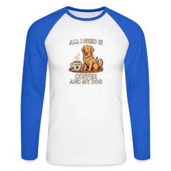 Alles, was ich brauche, ist Kaffee und mein Hund - Unisex Baseballshirt langarm - Weiß/Royalblau - Vorne - Nik (191cm)
