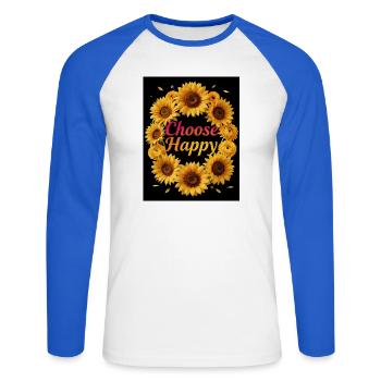 Choose Happy Sonnenblumen Kranz - Unisex Baseballshirt langarm - Weiß/Royalblau - Vorne - Nik (191cm)