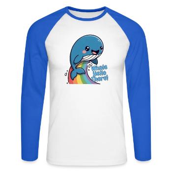 Regenbogenwal Hallo. - Unisex Baseballshirt langarm - Weiß/Royalblau - Vorne - Nik (191cm)