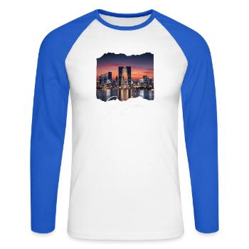 Suzhou Skyline Sunset Script - T-shirt baseball manches longues Homme - blanc/bleu royal - Devant - Nik (191cm)