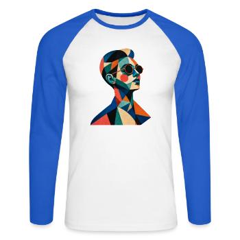 Geometrisches Farbporträt mit Sonnenbrille - Unisex Baseballshirt langarm - Weiß/Royalblau - Vorne - Nik (191cm)