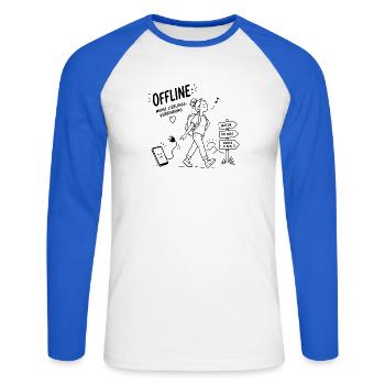 Offline Abenteuer Wanderin Pfadzeichen - Unisex Baseballshirt langarm - Weiß/Royalblau - Vorne - Nik (191cm)