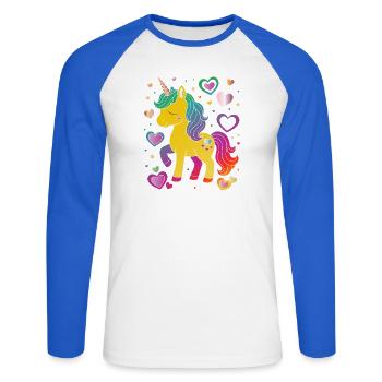 Niedliches Einhorn mit Herzen Design - Unisex Baseballshirt langarm - Weiß/Royalblau - Vorne - Nik (191cm)