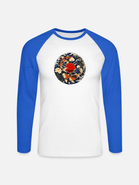 Koi im Mondkreis mit Torii - Unisex Baseballshirt langarm - Weiß/Royalblau