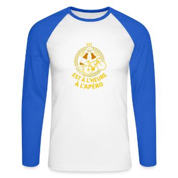 Vélo et Apéro Humour Cycliste - T-shirt baseball manches longues Homme - blanc/bleu royal - Devant - Nik (191cm)