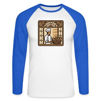 Logo de la vitrine de Baeckerei - T-shirt baseball manches longues Homme - blanc/bleu royal - Devant - Nik (191cm)