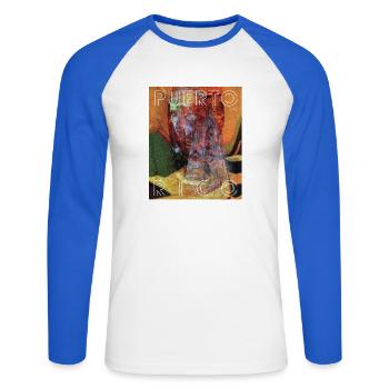 Puerto Rico 1987 Retro Collage - Unisex Long Sleeve Baseball T-Shirt - white/royal blue - Front - Nik (191cm)