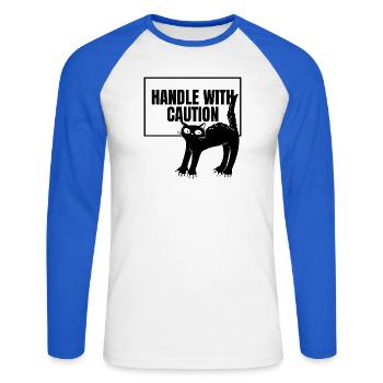 Cat Caution Tee - Unisex Long Sleeve Baseball T-Shirt - white/royal blue - Front - Nik (191cm)