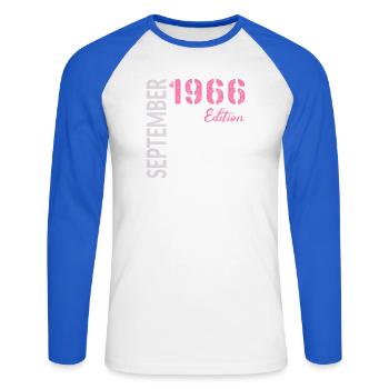 60e anniversaire, septembre 1966 - T-shirt baseball manches longues Homme - blanc/bleu royal - Devant - Nik (191cm)